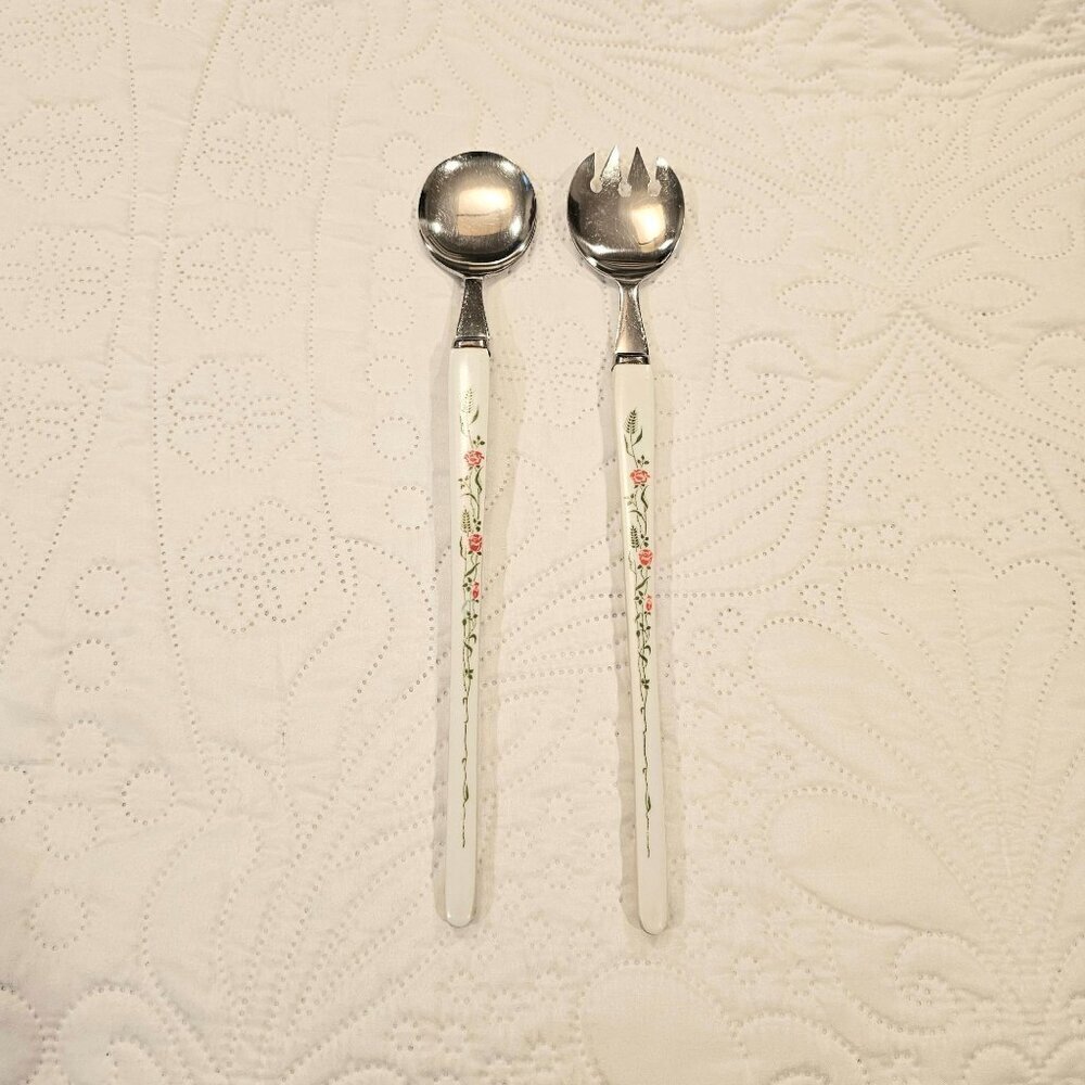Vintage Stainless Salad Serving Set 11" White Floral Rose Handles Cottagecore